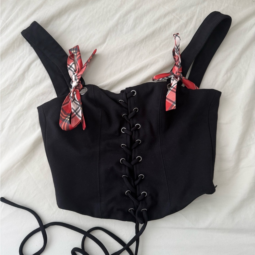 Selkie Caviar Ponte Ribbon Corset with Red Plaid Bows